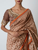 Brown Shibori Chanderi Saree with Embroidered Blouse