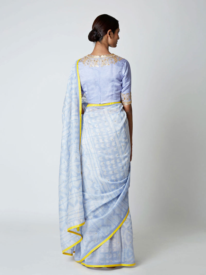 Powder Blue Shibori Chanderi Saree with Embroidered Blouse