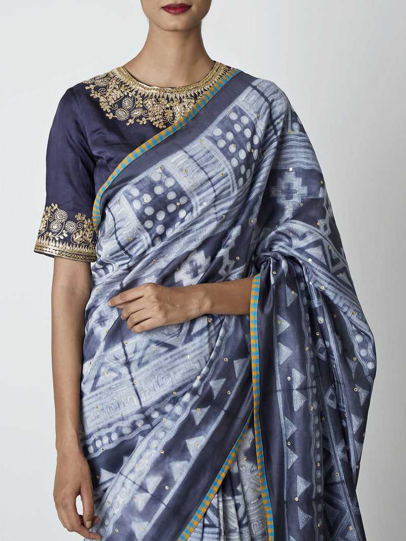 Charcoal Shibori Chanderi Saree with Embroidered Blouse