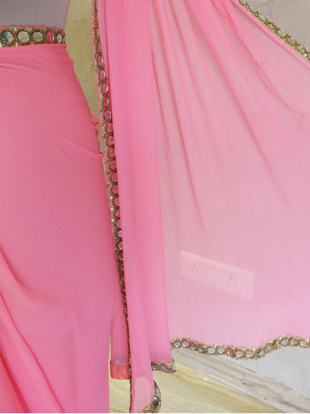 Pink Mirror Work Saree