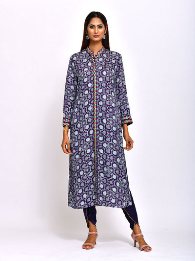 Kamal Navy Printed Embroidered Jaal Kurta with Pants
