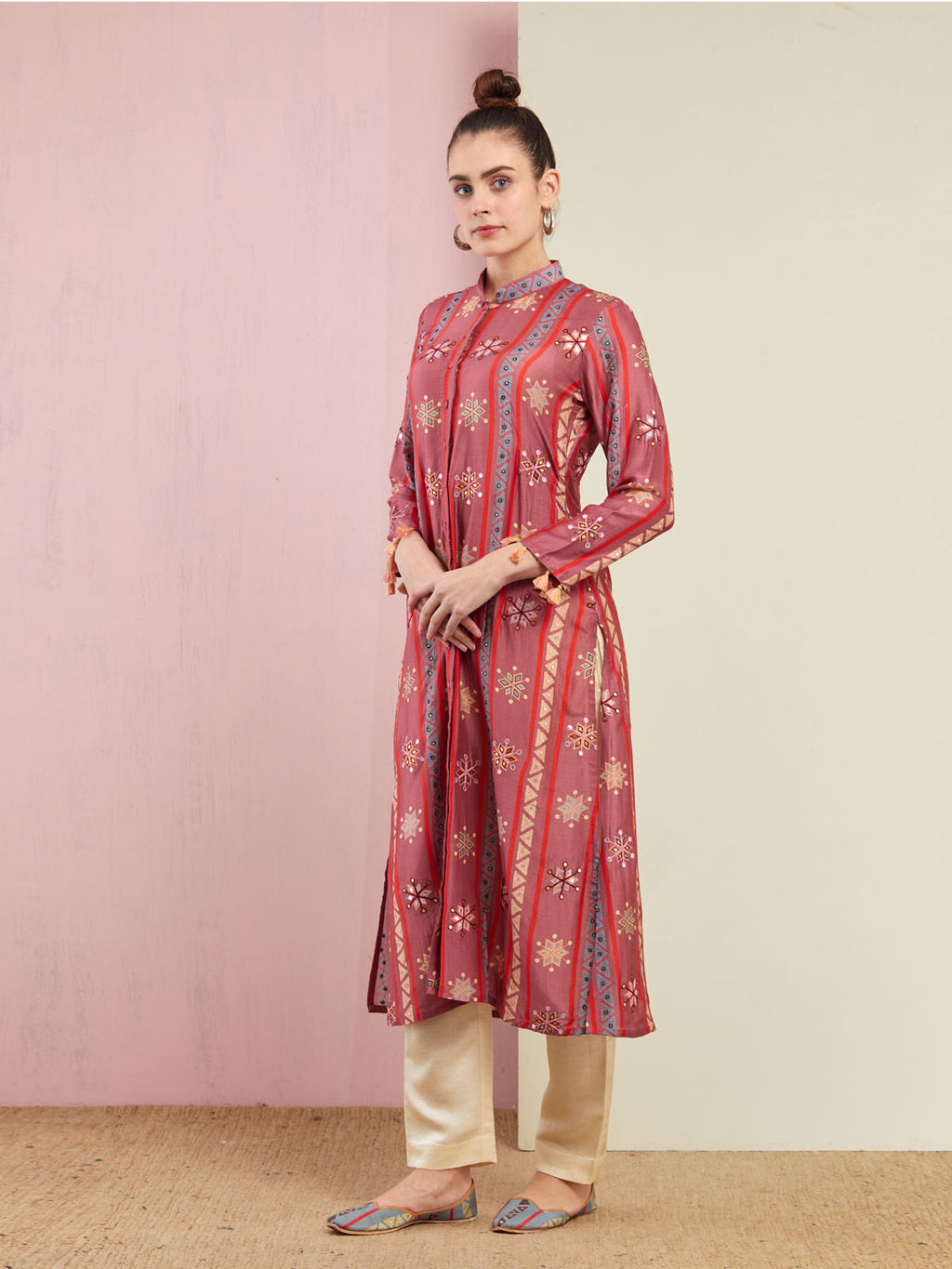 Rose Pink Stripe Embroidered Front Open Kurta with Pants