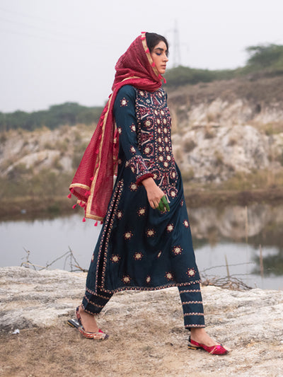 Morbagh Teal Embroidered Yoke Kurta, Pants And Kurta