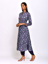 Kamal Navy Printed Embroidered Jaal Kurta with Pants