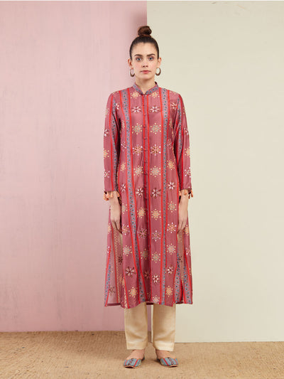 Morbagh Tribal Rose Pink Stripe Embroidered Front Open Kurta With Pants