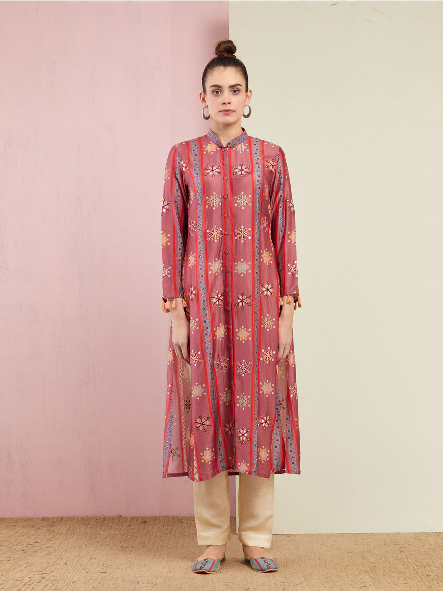 Morbagh Tribal Rose Pink Stripe Embroidered Front Open Kurta With Pants