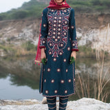 Morbagh Teal Embroidered Yoke Kurta, Pants And Kurta