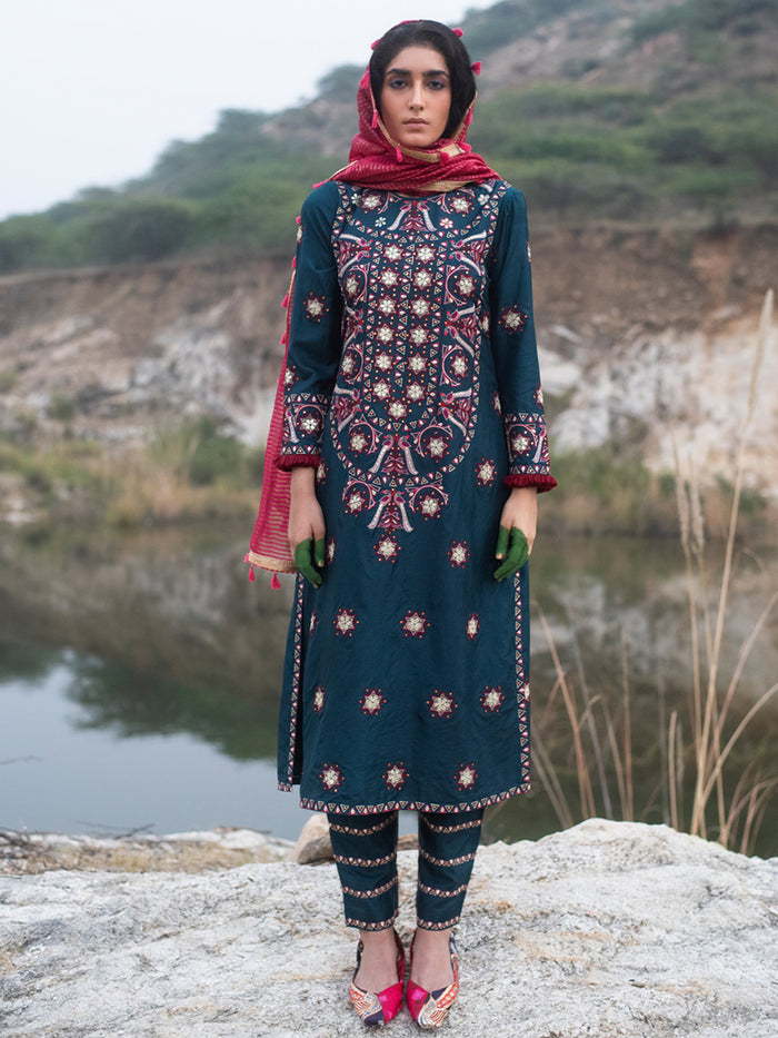 Morbagh Teal Embroidered Yoke Kurta, Pants and Kurta