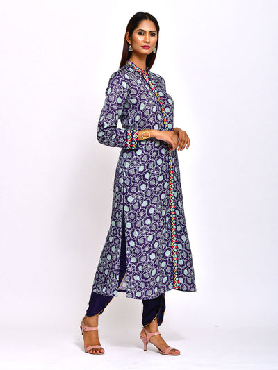 Kamal Navy Printed Embroidered Jaal Kurta with Pants