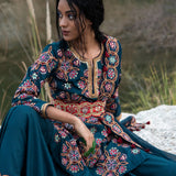 Kamal Teal Short Embroidered Kurta With Sharara And Dupatta