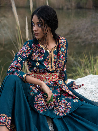 Kamal Teal Short Embroidered Kurta With Sharara And Dupatta
