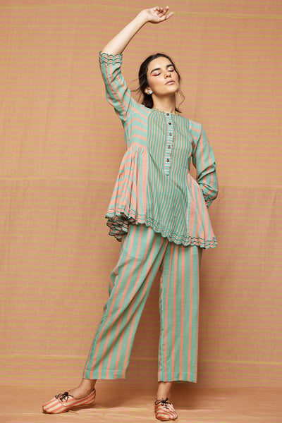 Block Printed Multi Striped Top with Pants
