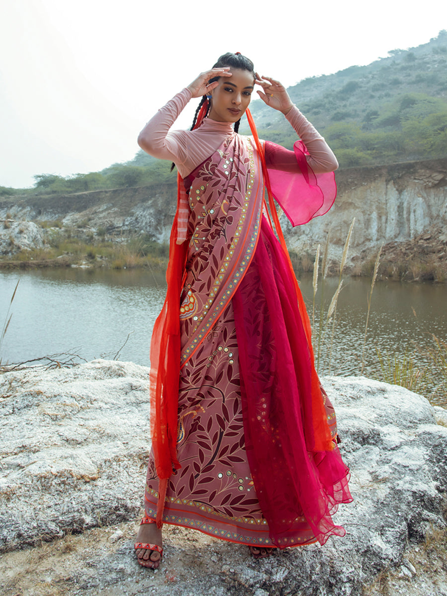 Morbagh Rose Pink Peacock Saree With Blouse