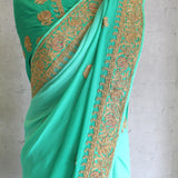 Turquoise Green Ombre Marodi Sari With Blouse
