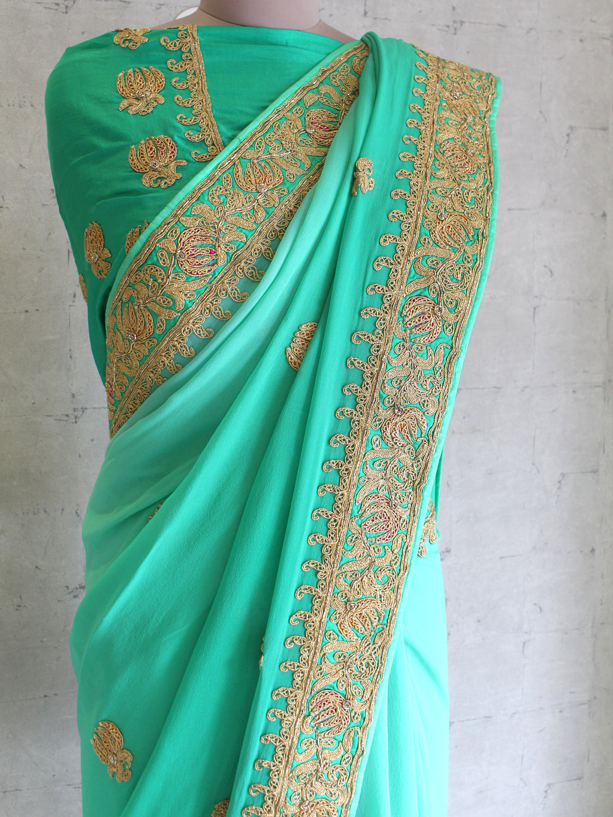 Turquoise Green Ombre Marodi Sari With Blouse