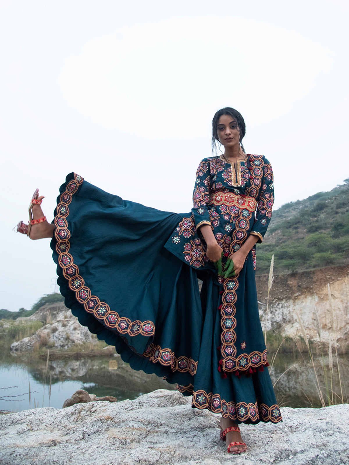 Kamal Teal Short Embroidered Kurta with Sharara and Dupatta