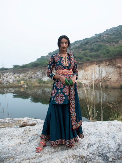 Kamal Teal Short Embroidered Kurta With Sharara And Dupatta