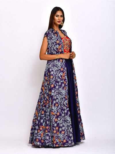 Morbagh Printed Embroidered Jacket With Crop Top And Lehenga