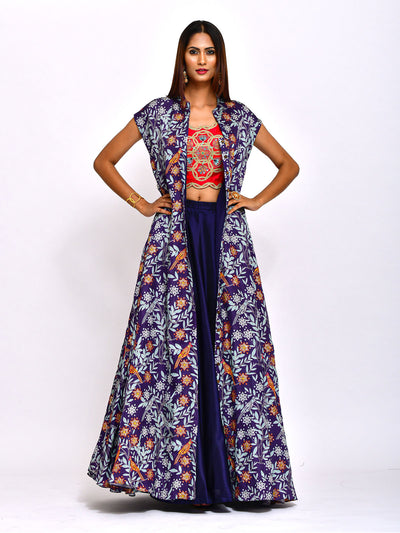Morbagh Printed Embroidered Jacket With Crop Top And Lehenga