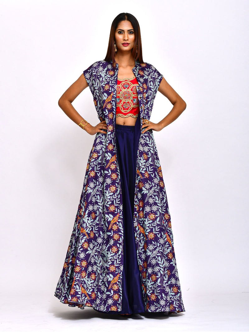 Morbagh Embroidered Jacket with Crop Top and Lehenga