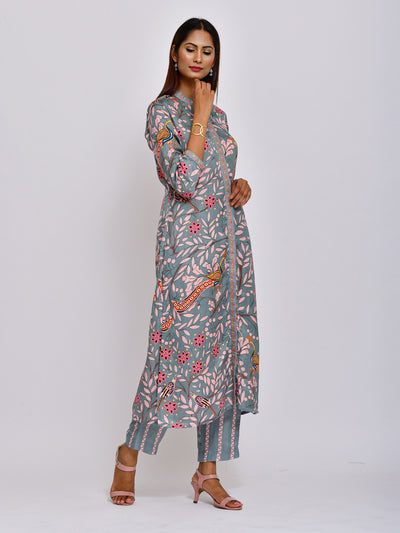 Peacock Printed Embroidered Jaal Kurta with Pants