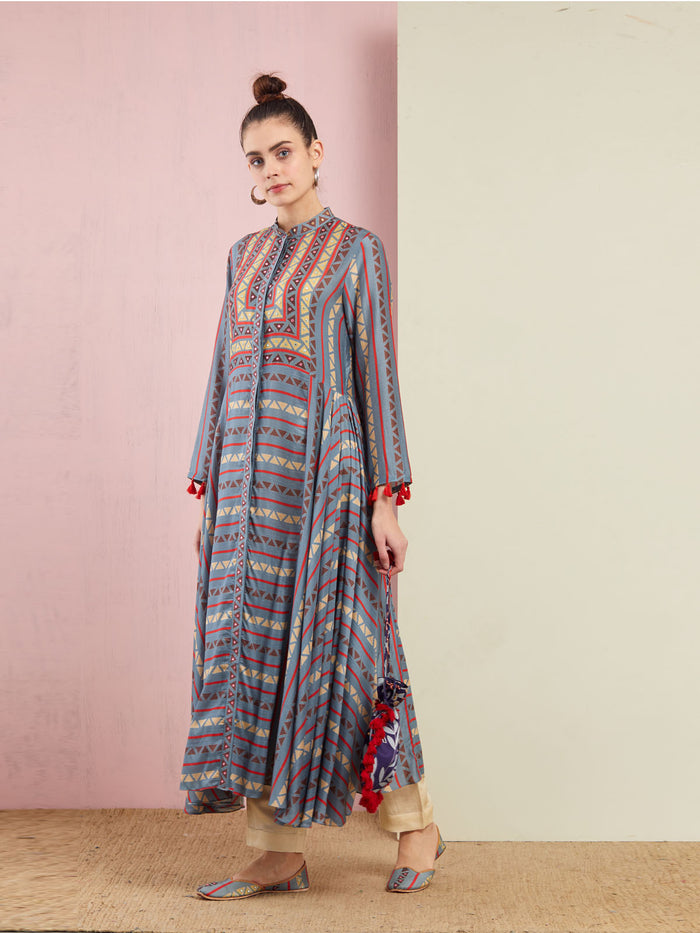 Grey Tribal Stripes Flared Kurta