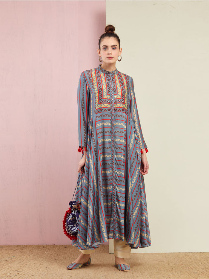 Grey Tribal Stripes Flared Kurta