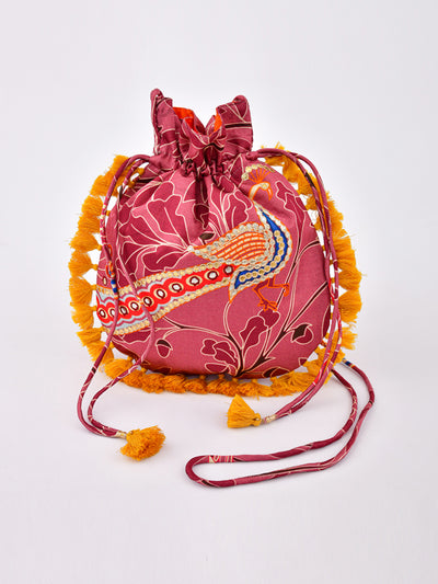 Morbagh Peacock Rose Pink Embroidered Potli Bag With Tassels