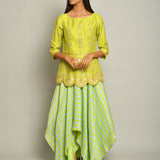 Lime Green Embroidered Top And Asymmetrical Printed Skirt