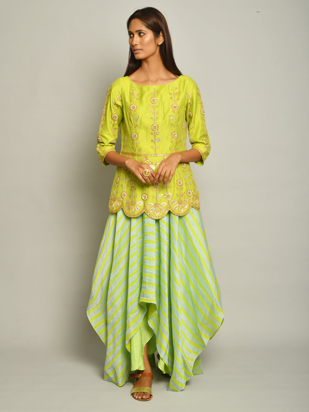 Lime Green Embroidered Top And Asymmetrical Printed Skirt