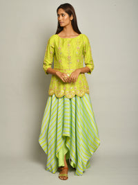 Lime Green Embroidered Top And Asymmetrical Printed Skirt