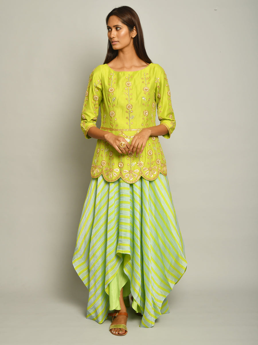 Lime Green Embroidered Top And Asymmetrical Printed Skirt