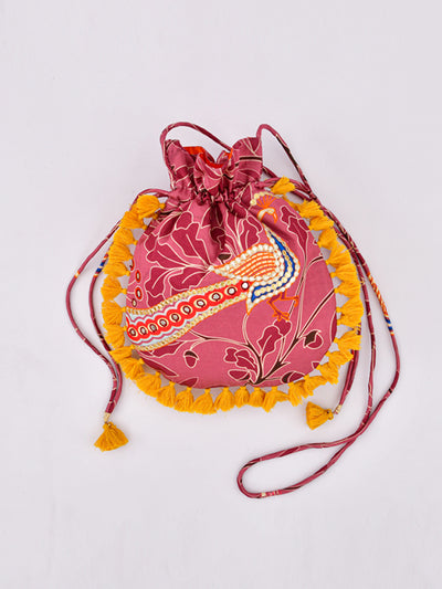 Morbagh Peacock Rose Pink Embroidered Potli Bag With Tassels