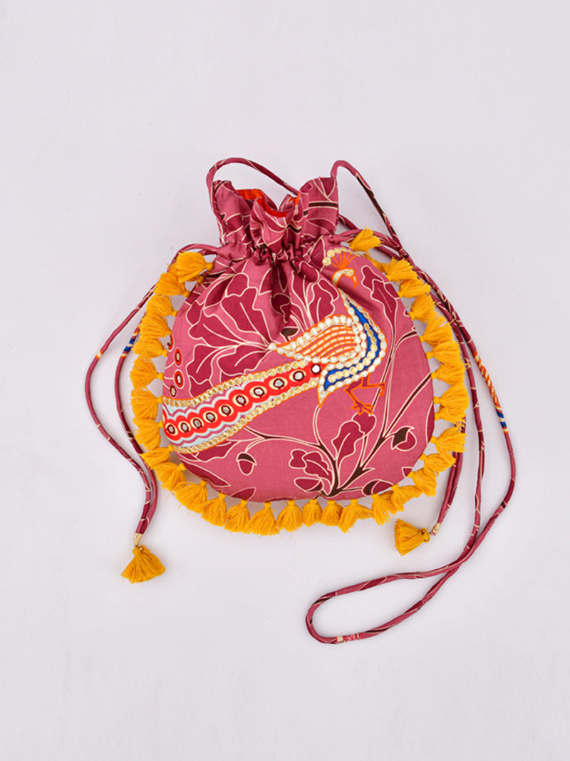 Morbagh Peacock Rose Pink Embroidered Potli Bag with Tassels