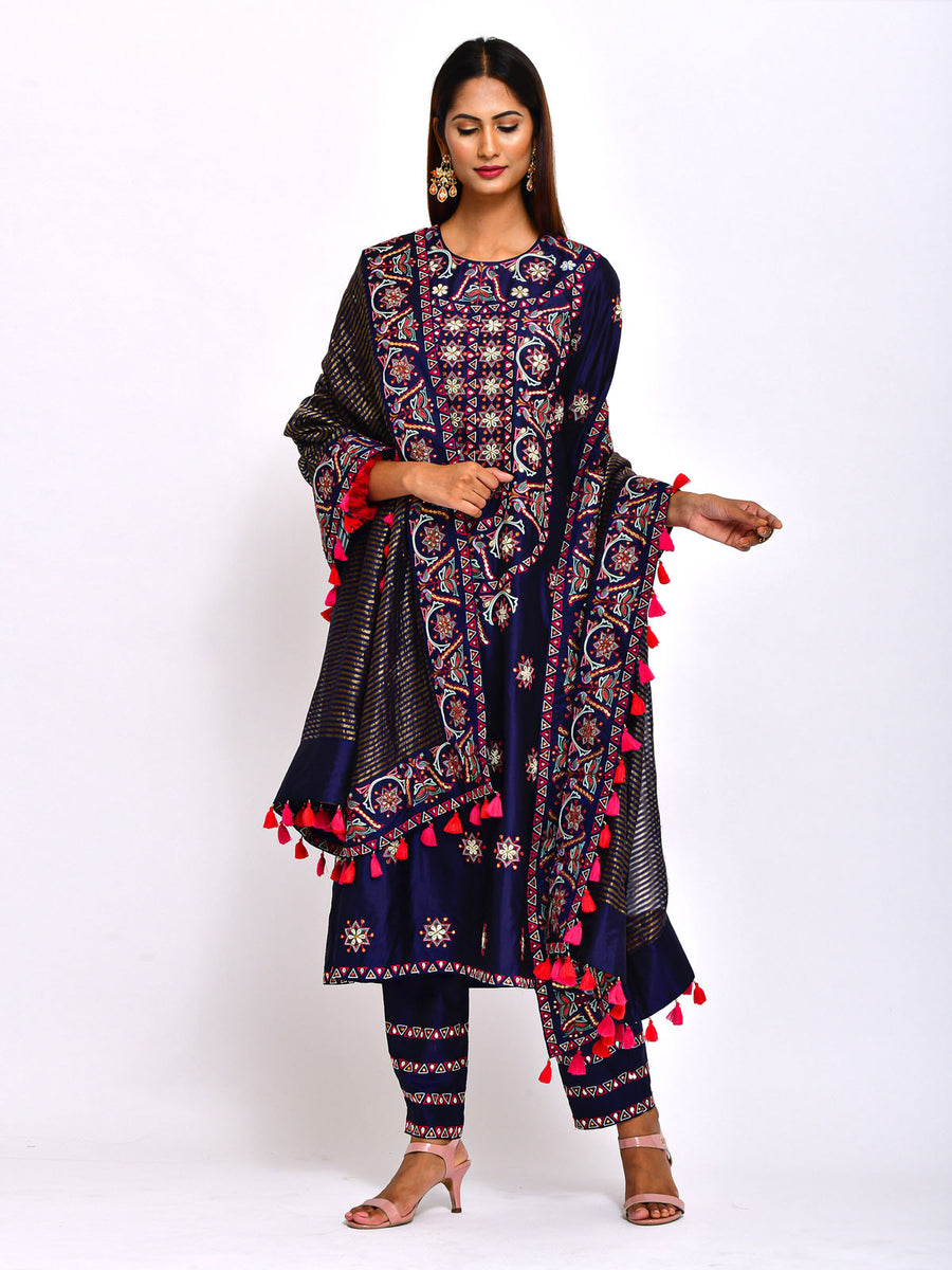 Morbagh Navy Blue Embroidered Kurta Set