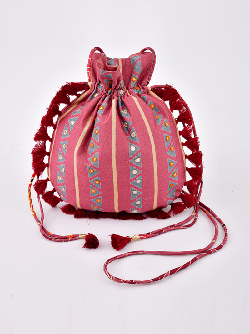 Morbagh Tribal Rose Pink Embroidered Potli Bag with Tassels