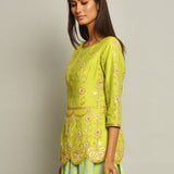 Lime Green Embroidered Top And Asymmetrical Printed Skirt