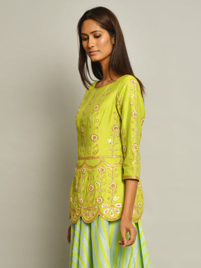 Lime Green Embroidered Top And Asymmetrical Printed Skirt