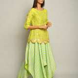 Lime Green Embroidered Top And Asymmetrical Printed Skirt
