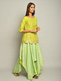 Lime Green Embroidered Top And Asymmetrical Printed Skirt