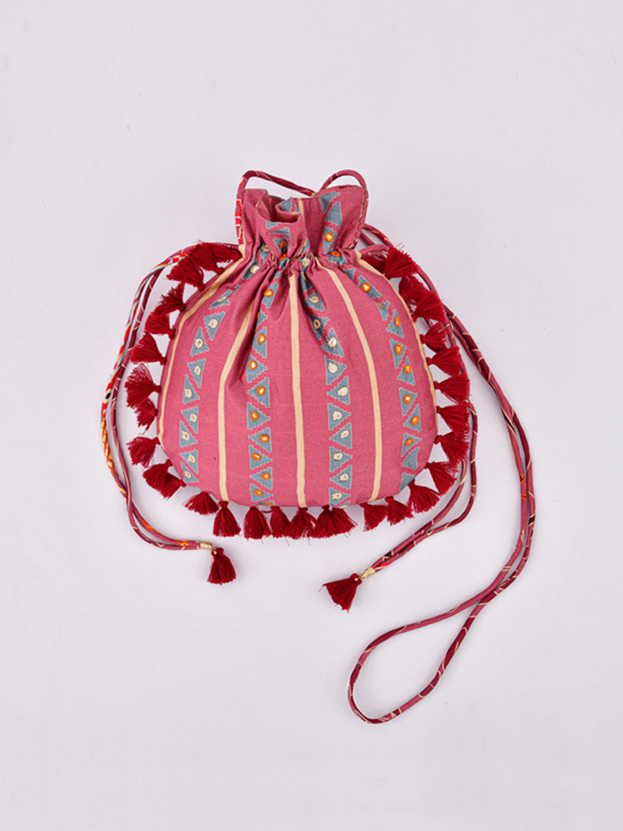 Morbagh Tribal Rose Pink Embroidered Potli Bag With Tassels