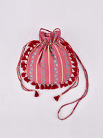 Morbagh Tribal Rose Pink Embroidered Potli Bag with Tassels