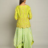 Lime Green Embroidered Top And Asymmetrical Printed Skirt