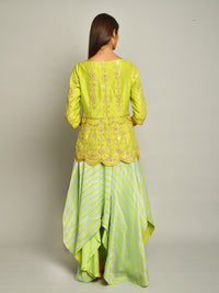 Lime Green Embroidered Top And Asymmetrical Printed Skirt