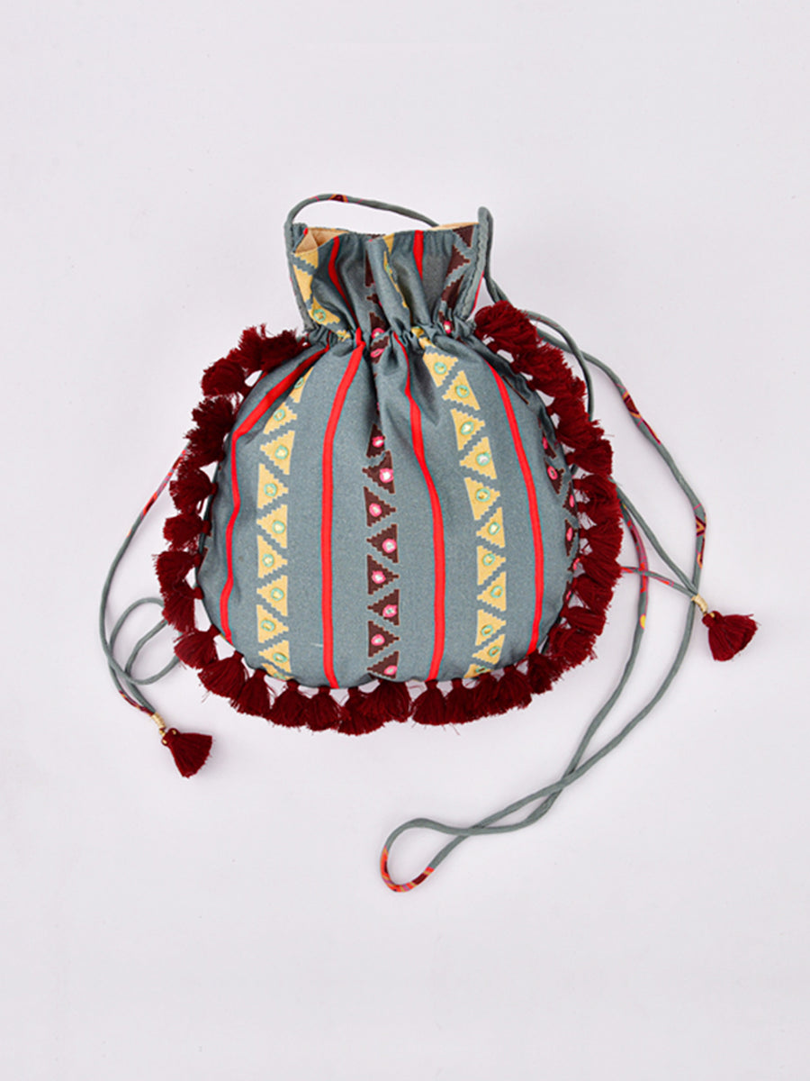 Morbagh Tribal Grey Embroidered Potli Bag With Tassels