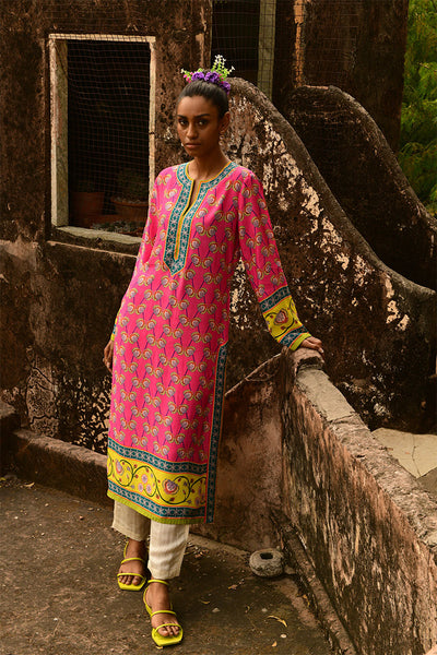 Printed Rani Pink Kurta Set