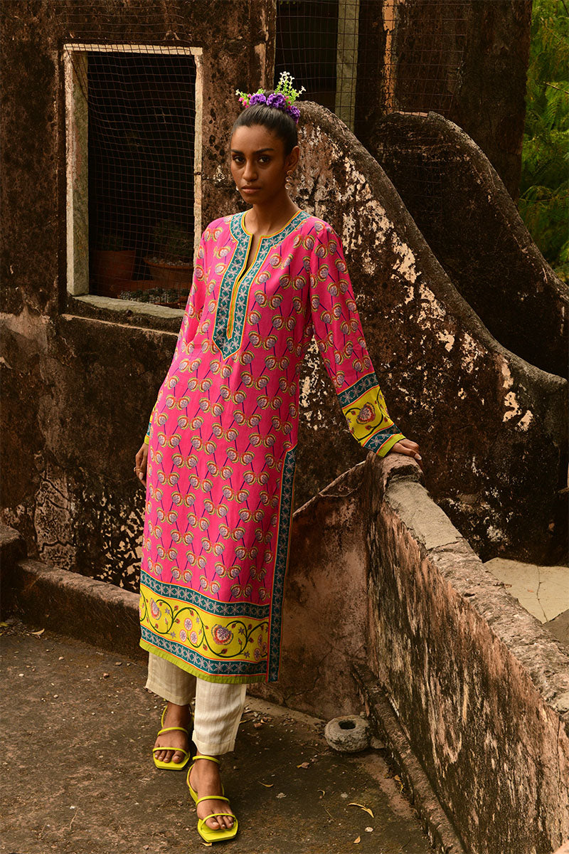Printed Rani Pink Kurta Set