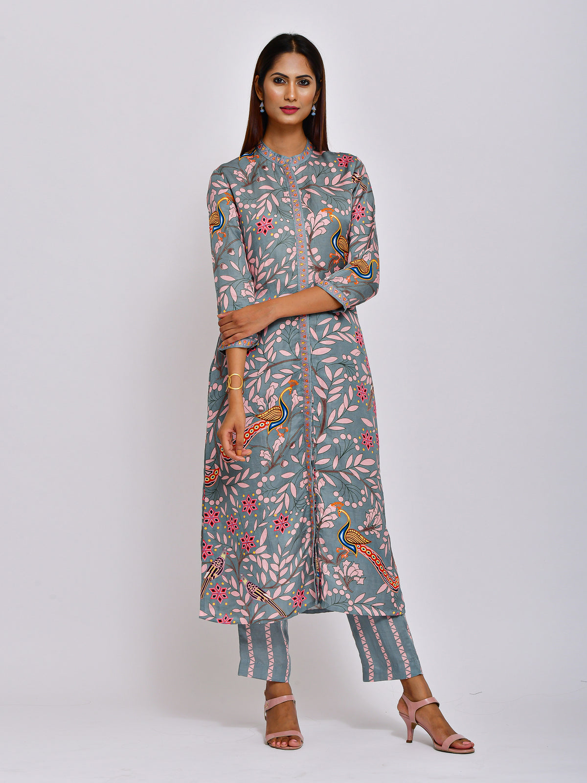 Peacock Printed Embroidered Jaal Kurta with Pants