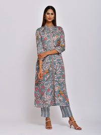 Peacock Printed Embroidered Jaal Kurta with Pants