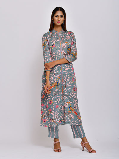 Peacock Printed Embroidered Jaal Kurta with Pants
